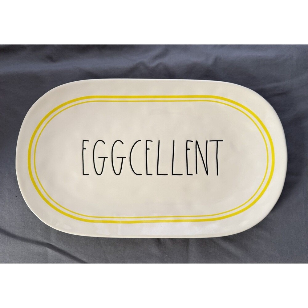 Rae Dunn Eggcellent Oval Platter Yellow Trim Ceramic Tray Large 15" Serving Dish